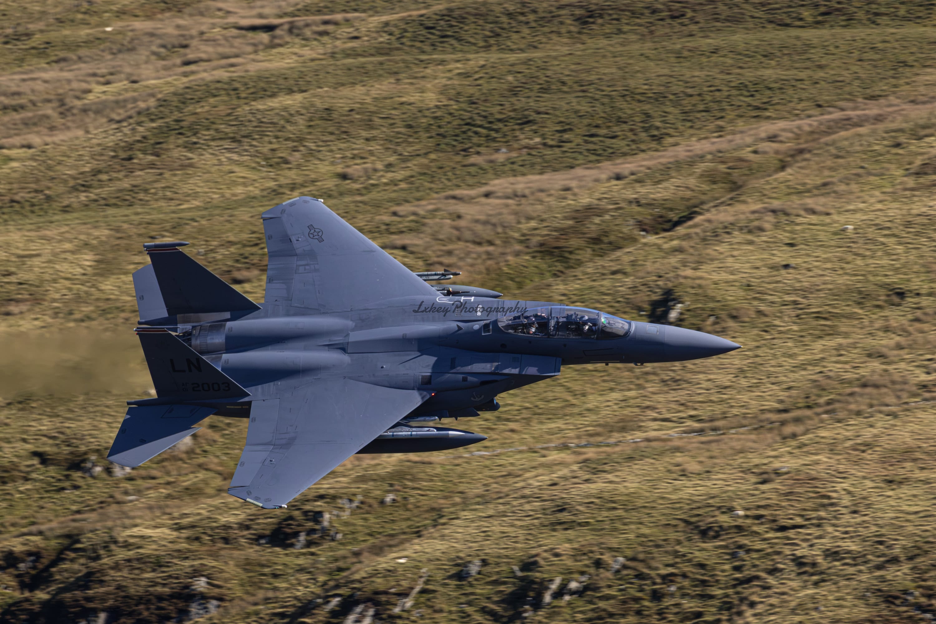 F-15 Eagle low level through a Welsh valley in the Mach Loop
