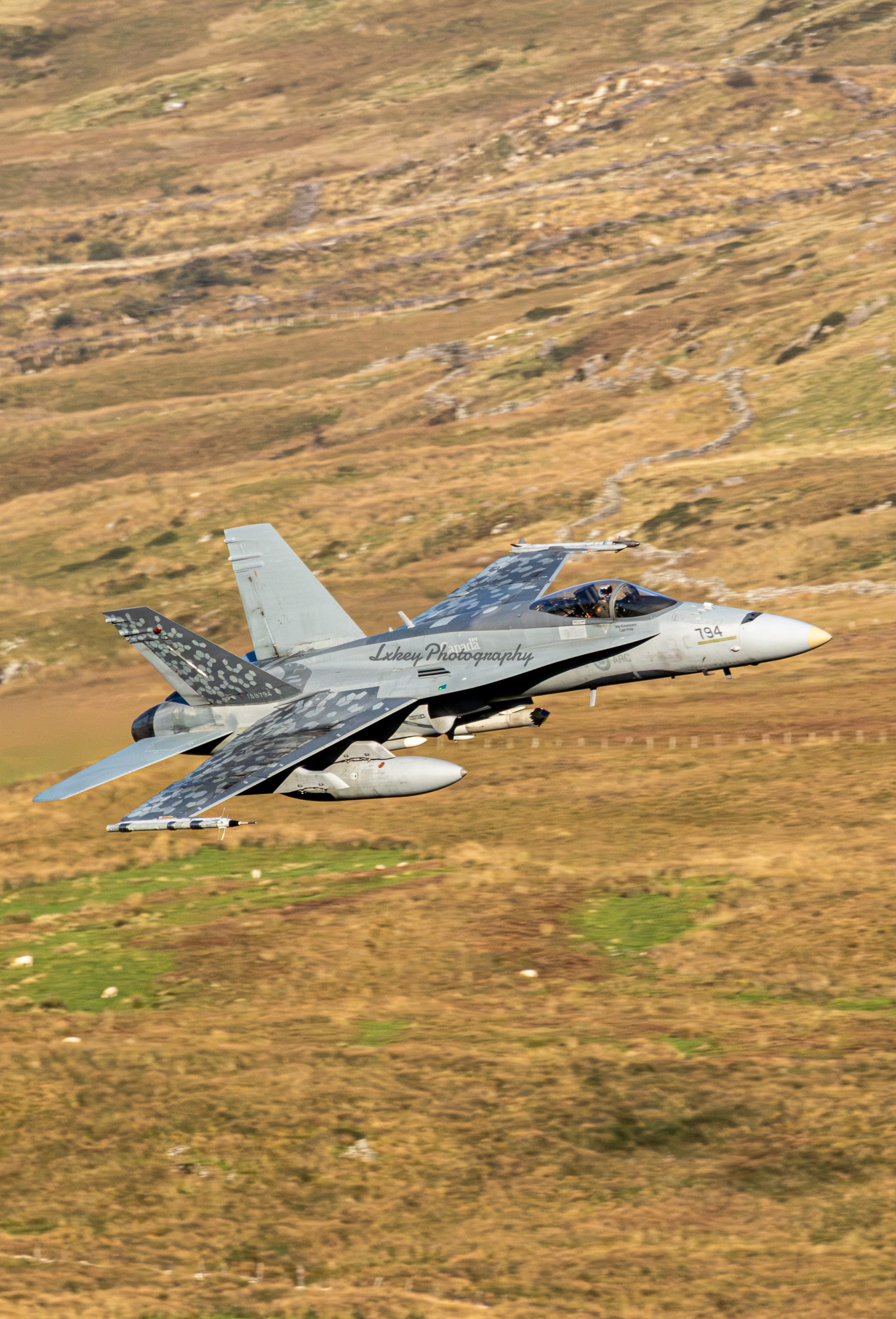 F/A-18 Hornet flying low level through the Mach Loop training area