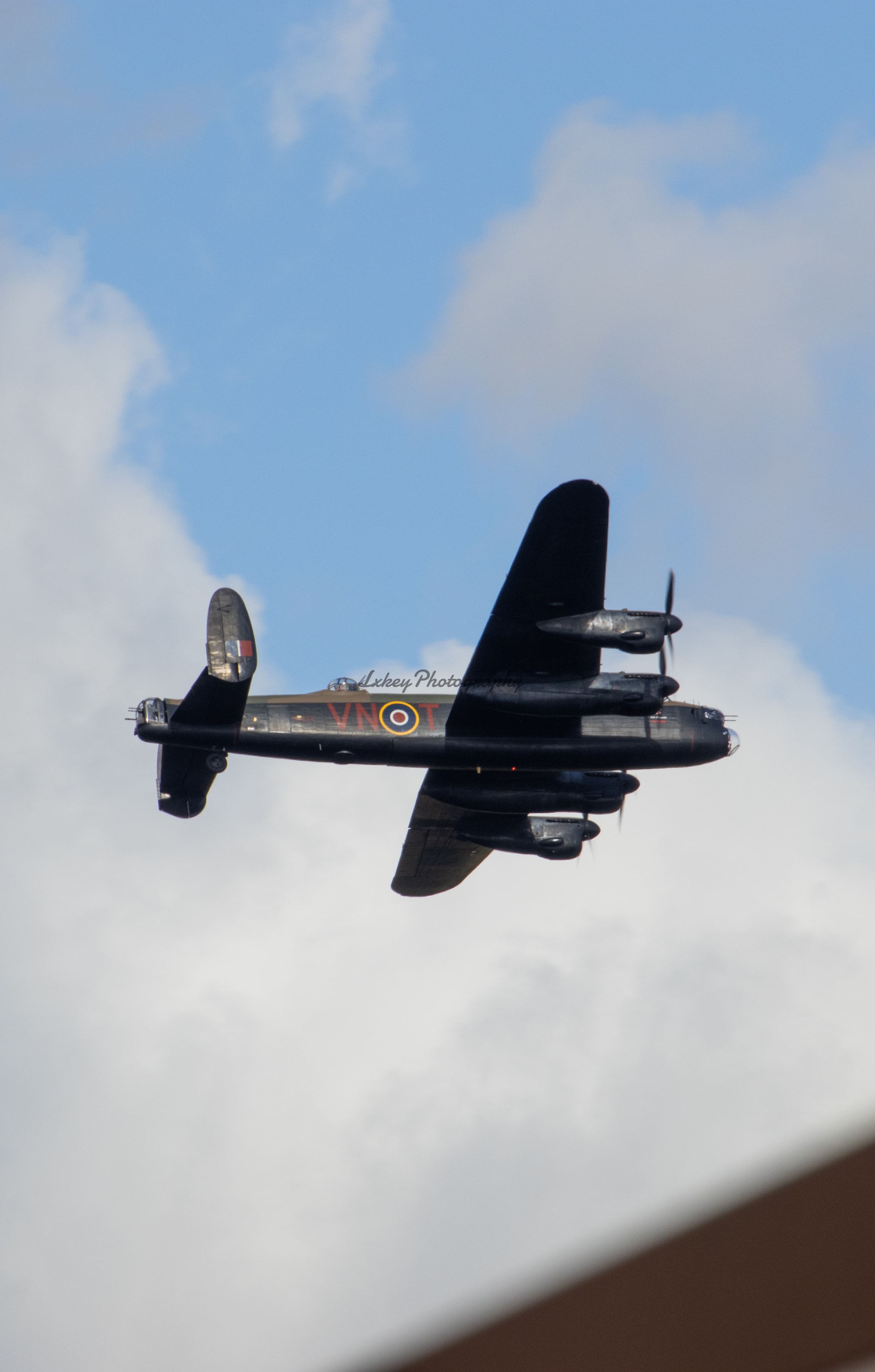 Avro Lancaster passing directly overhead showing its full planform
